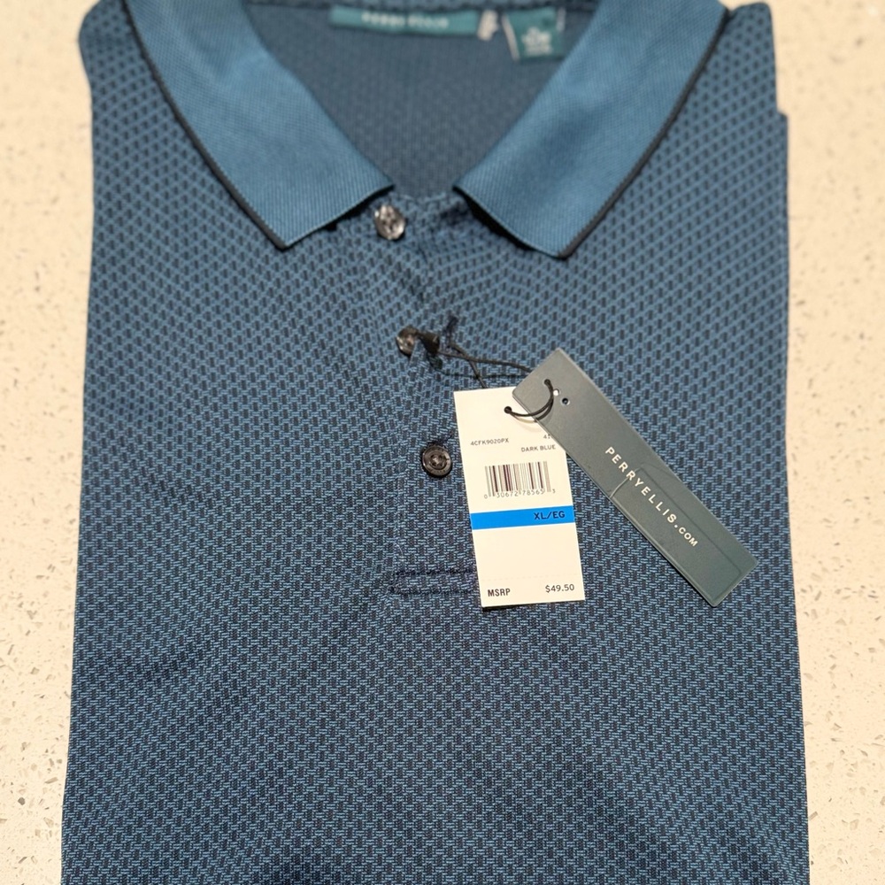 Perry Ellis Blue Textured Polo Shirt with Solid Collar